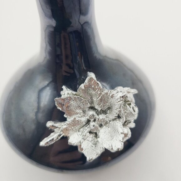 Murano Crystal Glass Vase With Silver Floral Accent 8 Inches Tall Black/Amethyst - Picture 5 of 10